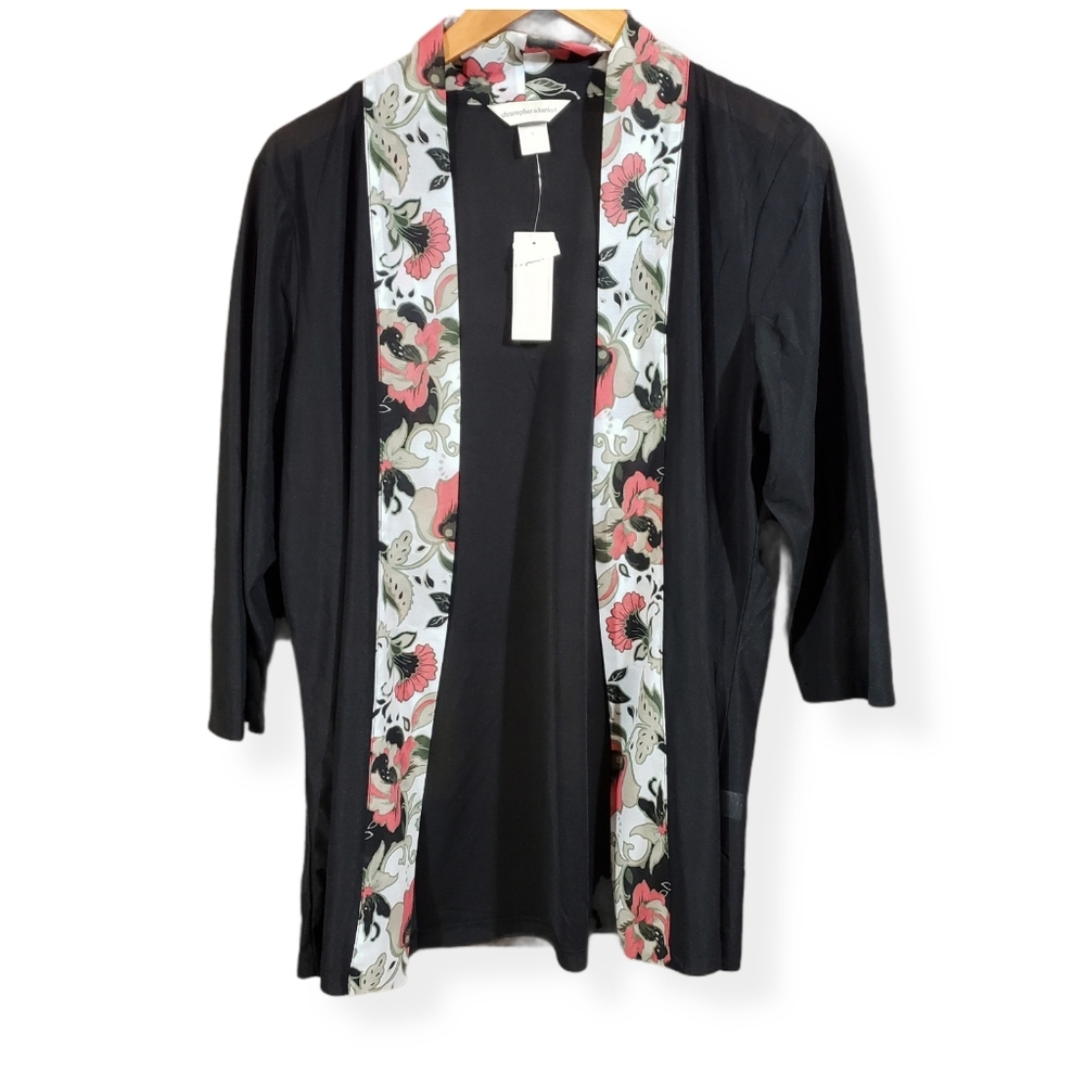 Christopher & Banks‎ NWT floral trim semi sheer black kimono woman's size XL